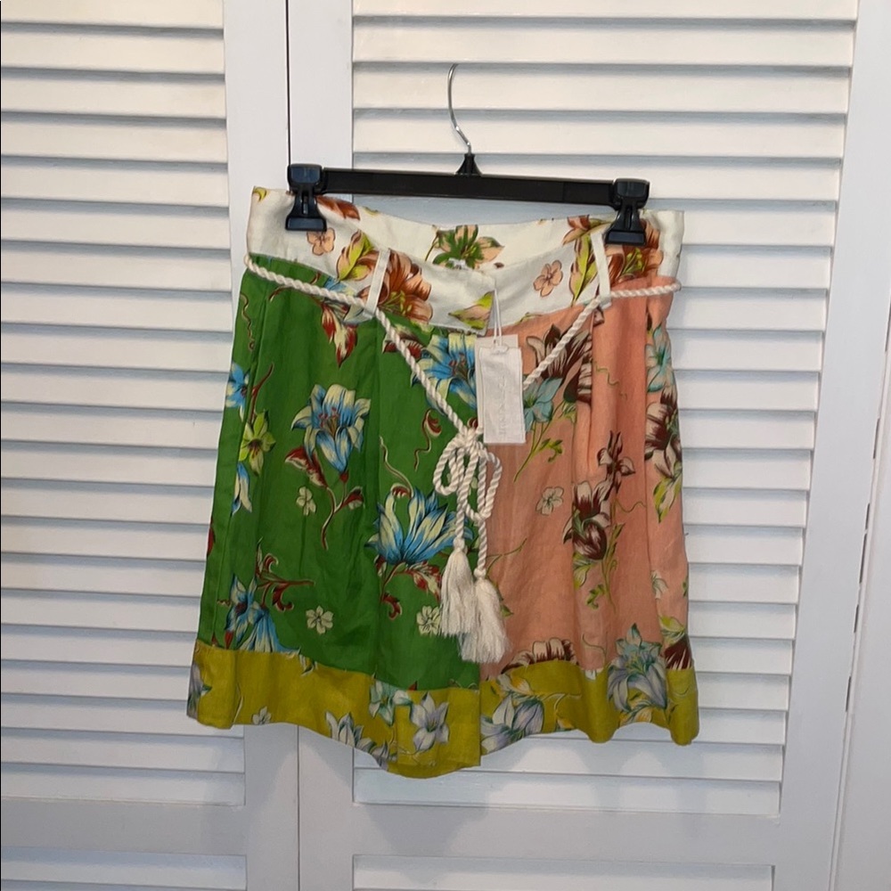 Magaschoni Green Orange Linen shorts Tie Front/side pockets NWT